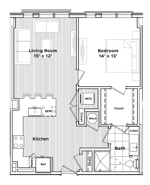 Floor plan for 1 bed, 1 bath, 789 sqft
